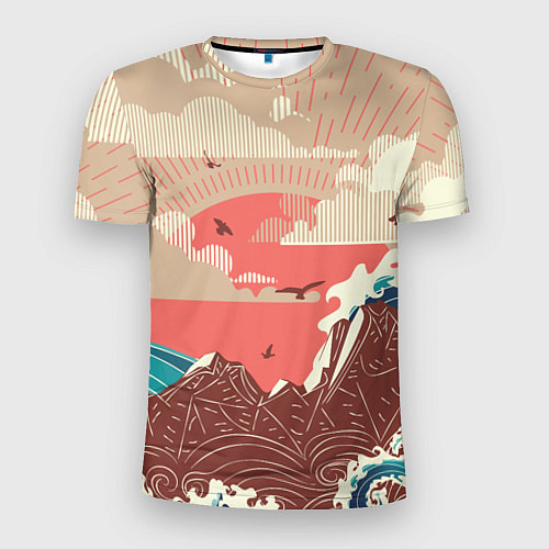 Мужская спорт-футболка Большие океанские волны и скалистый остров на зака / 3D-принт – фото 1