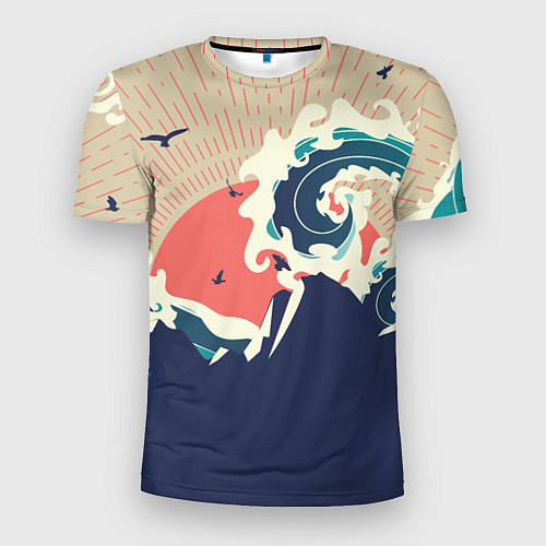Мужская спорт-футболка Большая океанская волна и силуэт пустынного остров / 3D-принт – фото 1
