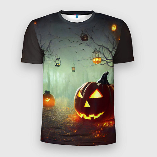 Мужская спорт-футболка Тыква на Хэллоуин в ночном туманном лесу / 3D-принт – фото 1