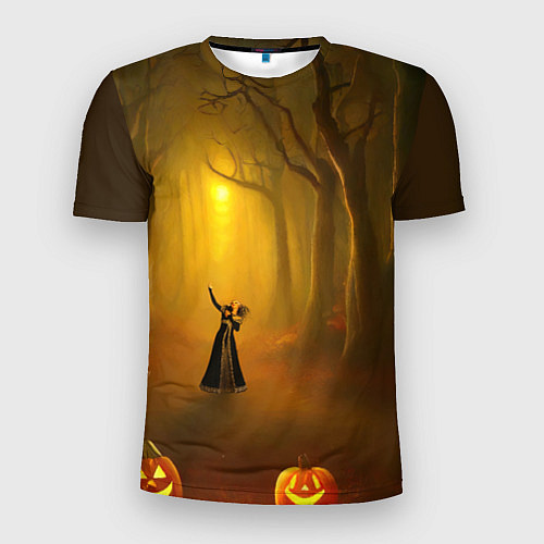 Мужская спорт-футболка Ведьма в черном платье в заколдованном лесу с тыкв / 3D-принт – фото 1