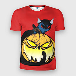 Мужская спорт-футболка Halloween - тыква и кот