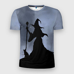 Мужская спорт-футболка Halloween - силуэт ведьмы с котом