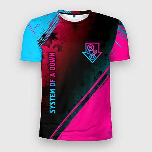 Мужская спорт-футболка System of a Down - neon gradient: надпись, символ / 3D-принт – фото 1