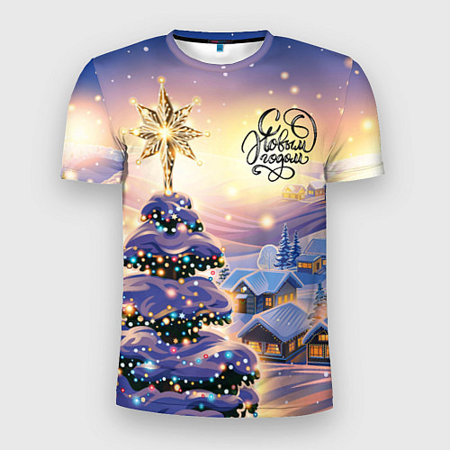 Мужская спорт-футболка Новогодняя елочка в деревне / 3D-принт – фото 1