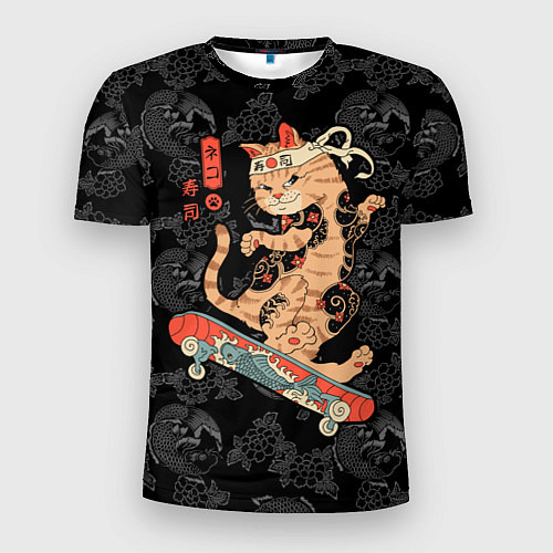 Мужская спорт-футболка Кот самурай на скейтборде / 3D-принт – фото 1