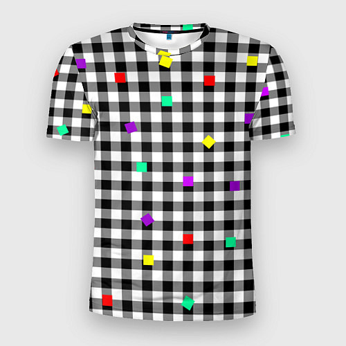 Мужская спорт-футболка Черно-белая клетка с цветными квадратами / 3D-принт – фото 1