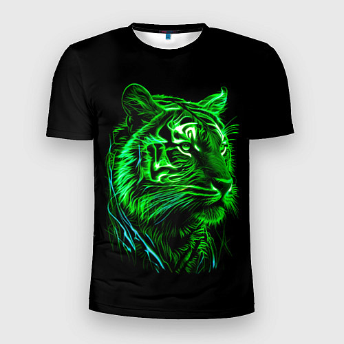 Мужская спорт-футболка Нейросеть: неоновый зелёный тигр / 3D-принт – фото 1