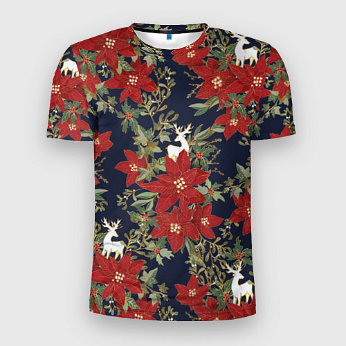 Мужская спорт-футболка Новый год 2023 красные цветы и олени / 3D-принт – фото 1