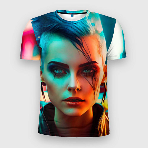 Мужская спорт-футболка Нейросеть - девушка в стиле киберпанк / 3D-принт – фото 1