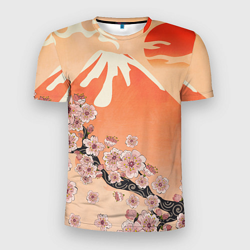 Мужская спорт-футболка Ветка цветущей сакуры и вулкан / 3D-принт – фото 1