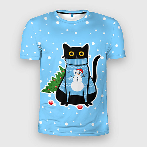 Мужская спорт-футболка Котик в свитере под снегопадом - синий / 3D-принт – фото 1