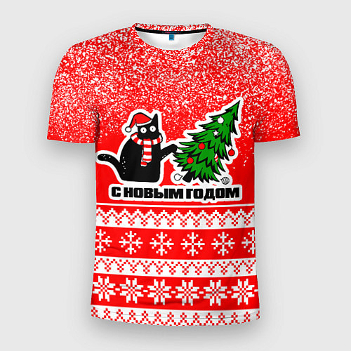 Мужская спорт-футболка С новым годом - котик и ёлка / 3D-принт – фото 1