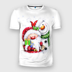 Мужская спорт-футболка Дед Мороз и снеговик с подарками