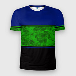Футболка спортивная мужская Синие, неоновые зеленые мраморные и черные полосы, цвет: 3D-принт