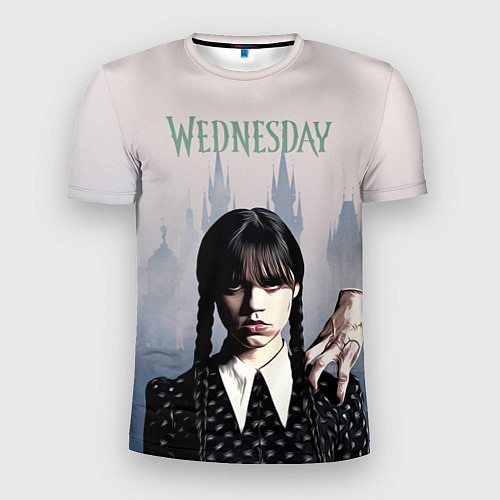 Мужская спорт-футболка Уэнсдей Аддамс и рука на фоне замка / 3D-принт – фото 1
