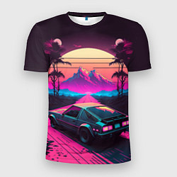 Мужская спорт-футболка Synthwave car and mountains