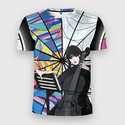 Мужская спорт-футболка Уэнсдэй играет на виолончели на фоне окна / 3D-принт – фото 1