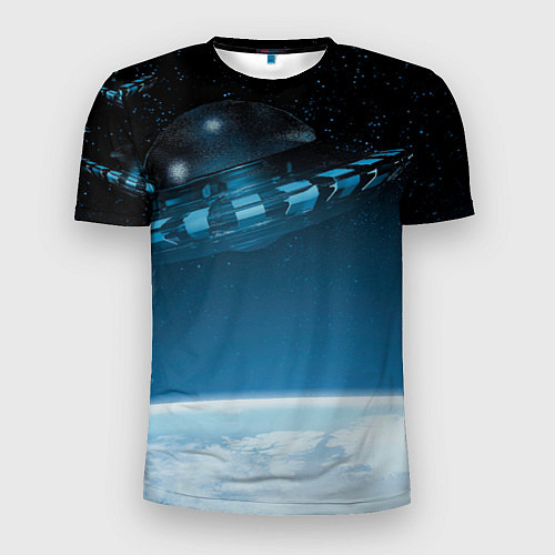 Мужская спорт-футболка Космический корабль в космосе над планетой / 3D-принт – фото 1
