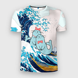Мужская спорт-футболка Влюбленные тюлени у большой волны Канагава