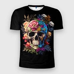 Мужская спорт-футболка Череп c растениями и цветами