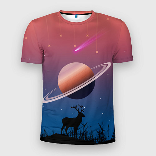 Мужская спорт-футболка Сатурн на фоне падающих звезд и кометы / 3D-принт – фото 1