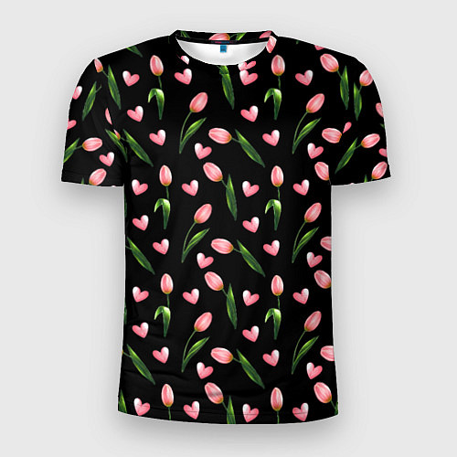 Мужская спорт-футболка Тюльпаны и сердечки на черном - паттерн / 3D-принт – фото 1