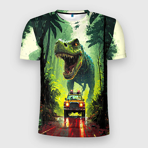 Мужская спорт-футболка Динозавр в погоне за машиной в джунглях / 3D-принт – фото 1