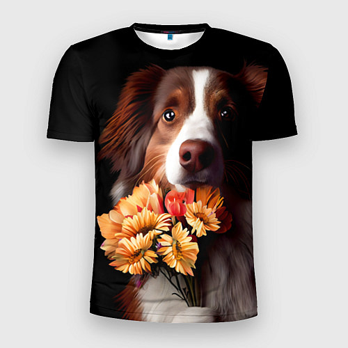 Мужская спорт-футболка Пёс держит букет цветов / 3D-принт – фото 1