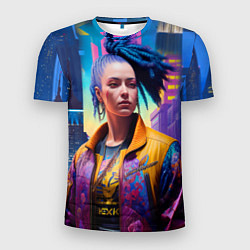 Футболка спортивная мужская Девушка в ночном городе - киберпанк - нейросеть, цвет: 3D-принт