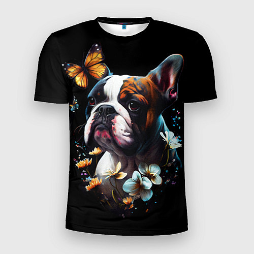 Мужская спорт-футболка Французский бульдог на цветущем лугу / 3D-принт – фото 1