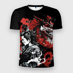 Мужская спорт-футболка Японский самурай с драконом