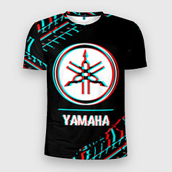 Футболка спортивная мужская Значок Yamaha в стиле glitch на темном фоне, цвет: 3D-принт