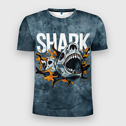 Мужская спорт-футболка С акулой в стиле Арт на синем мраморе