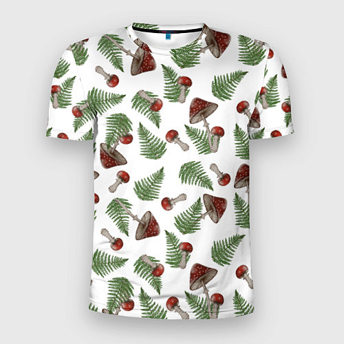 Мужская спорт-футболка Мухоморы и папоротник на белом - паттерн / 3D-принт – фото 1