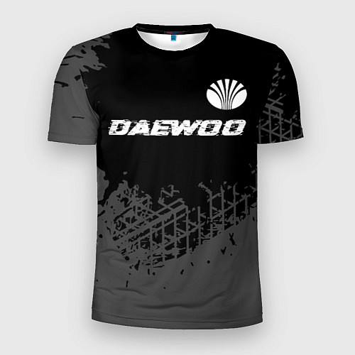 Мужская спорт-футболка Daewoo speed на темном фоне со следами шин: символ / 3D-принт – фото 1