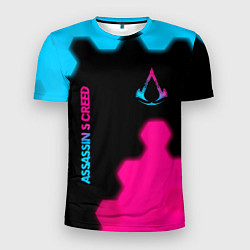 Мужская спорт-футболка Assassins Creed - neon gradient: надпись, символ
