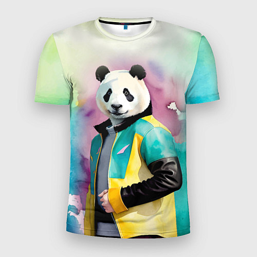 Мужская спорт-футболка Прикольный панда в модной куртке / 3D-принт – фото 1