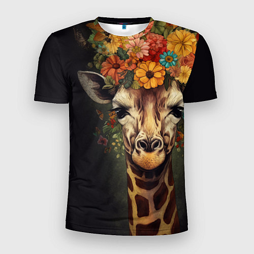 Мужская спорт-футболка Портрет жирафа с цветами: арт нейросети / 3D-принт – фото 1