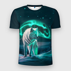 Мужская спорт-футболка Белый волк в зимнем лесу