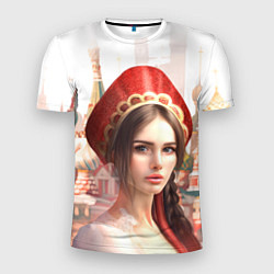 Мужская спорт-футболка Девушка в кокошнике с косой - кремль