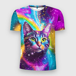 Мужская спорт-футболка Полосатый кот с разноцветной звездной туманностью