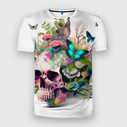 Мужская спорт-футболка Красивый череп с листьями и бабочками