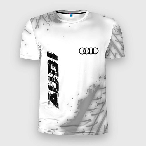 Мужская спорт-футболка Audi speed на светлом фоне со следами шин: надпись / 3D-принт – фото 1