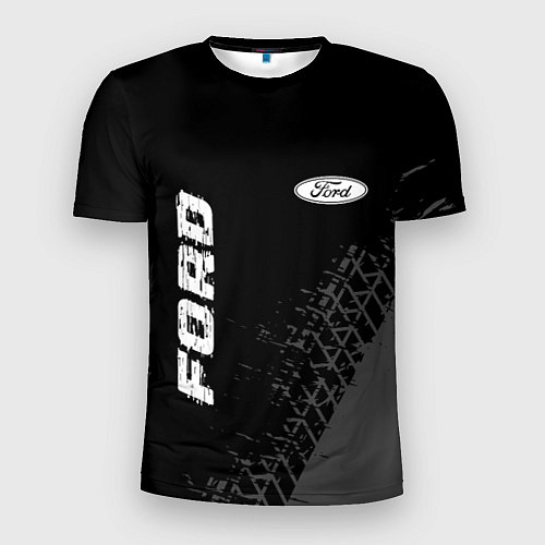 Мужская спорт-футболка Ford speed на темном фоне со следами шин: надпись, / 3D-принт – фото 1