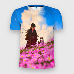 Мужская спорт-футболка Девушка самурай и сиба ину