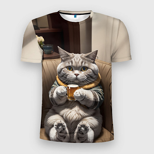 Мужская спорт-футболка Кот сидит на диване с напитком / 3D-принт – фото 1