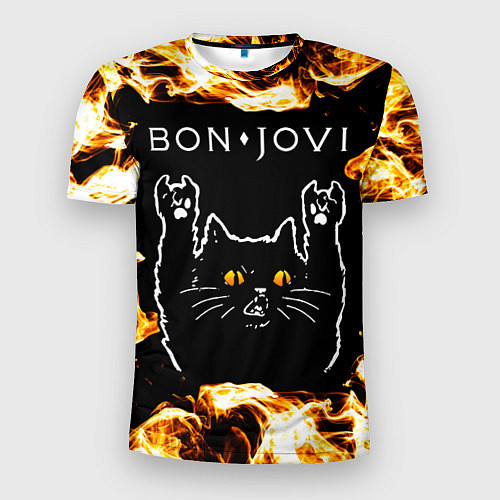 Мужская спорт-футболка Bon Jovi рок кот и огонь / 3D-принт – фото 1