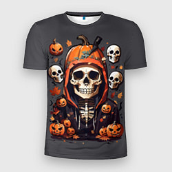Мужская спорт-футболка Хэллоуин скелет с тыквами