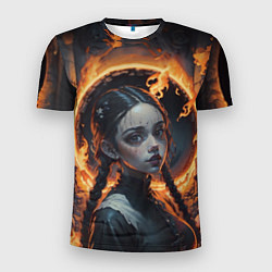 Мужская спорт-футболка Готическая девушка с двумя косами в огненном круге