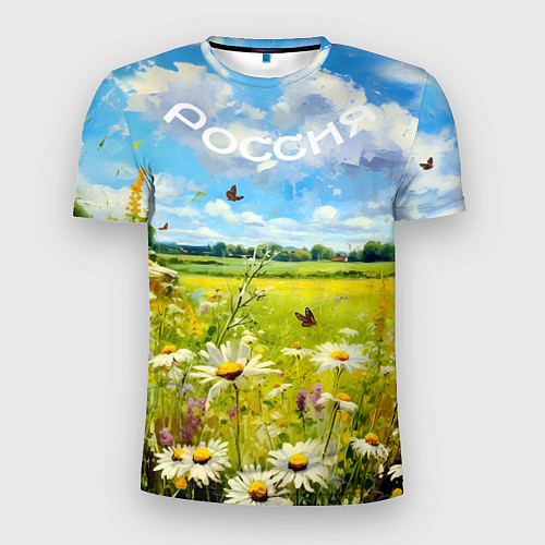 Мужская спорт-футболка Россия - летнее цветочное поле / 3D-принт – фото 1